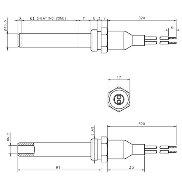 Gloeispiraal / Startpen keramisch 3/8" draad 81mm 250W (Ø10,50mm) Perf. - Afbeelding 2