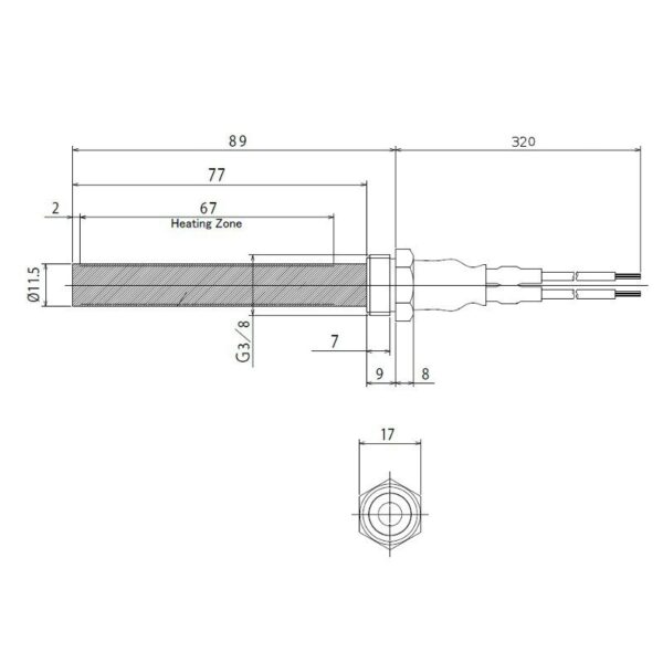 Gloeispiraal / Startpen keramisch 3/8" draad 89mm 330W (Ø11,50mm) Perf - Afbeelding 2